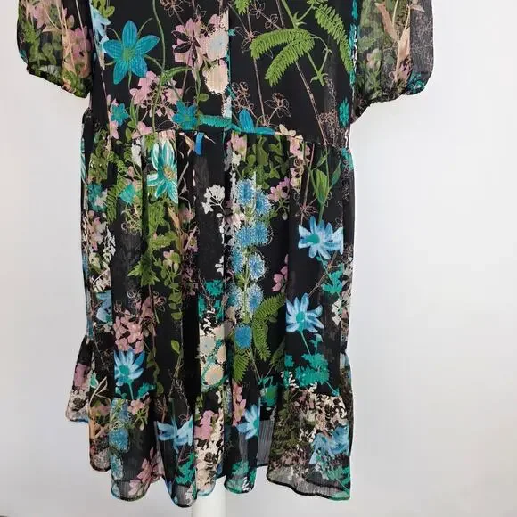Melonie T Dress Sz 12 Black Floral Chiffon Ruffle Neck Cottage Whimsigoth Fairy - Picture 9 of 14